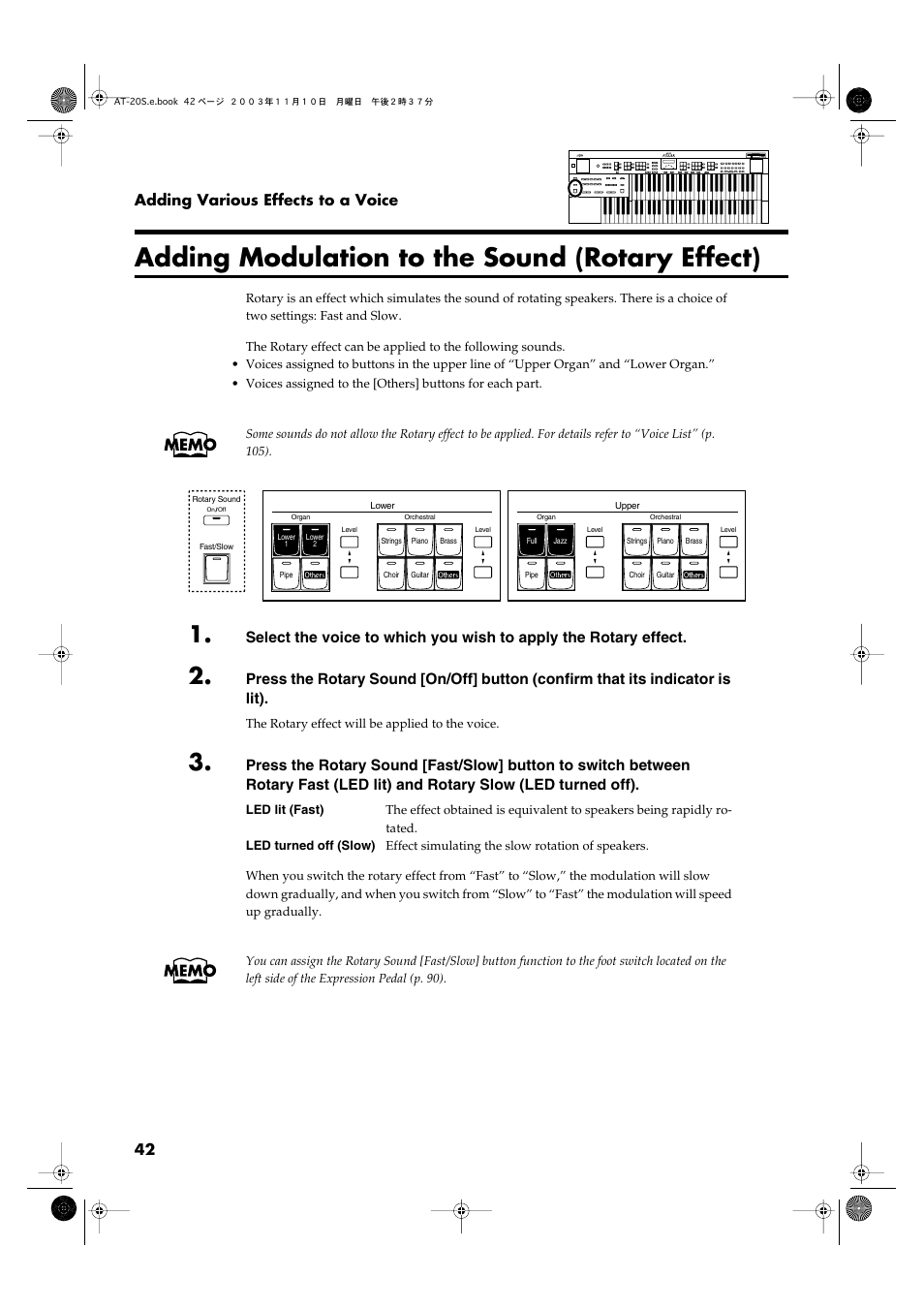 Adding modulation to the sound (rotary effect), P. 42) | Roland AT20s User Manual | Page 42 / 124
