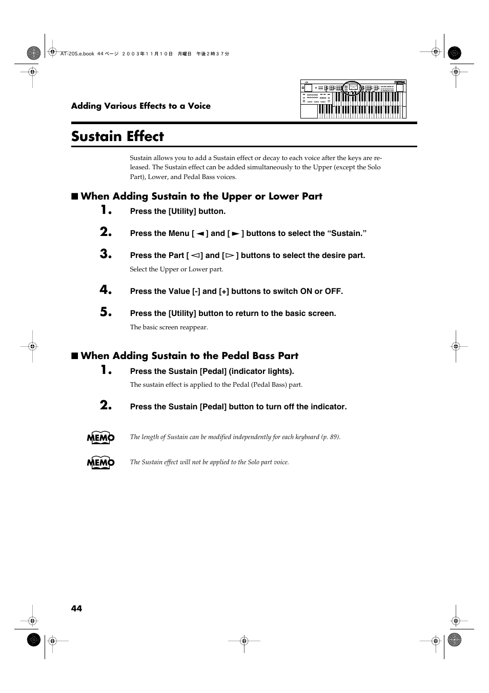 Sustain effect, When adding sustain to the upper or lower part, When adding sustain to the pedal bass part | P. 44) | Roland AT20s User Manual | Page 44 / 124