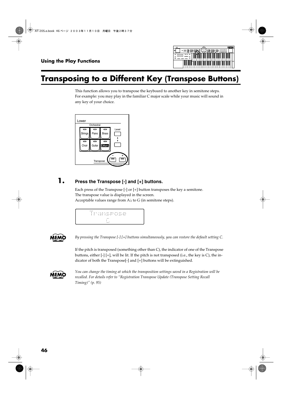 Transposing to a different key (transpose buttons), P. 46), Transposing to a different key | Transpose buttons) | Roland AT20s User Manual | Page 46 / 124
