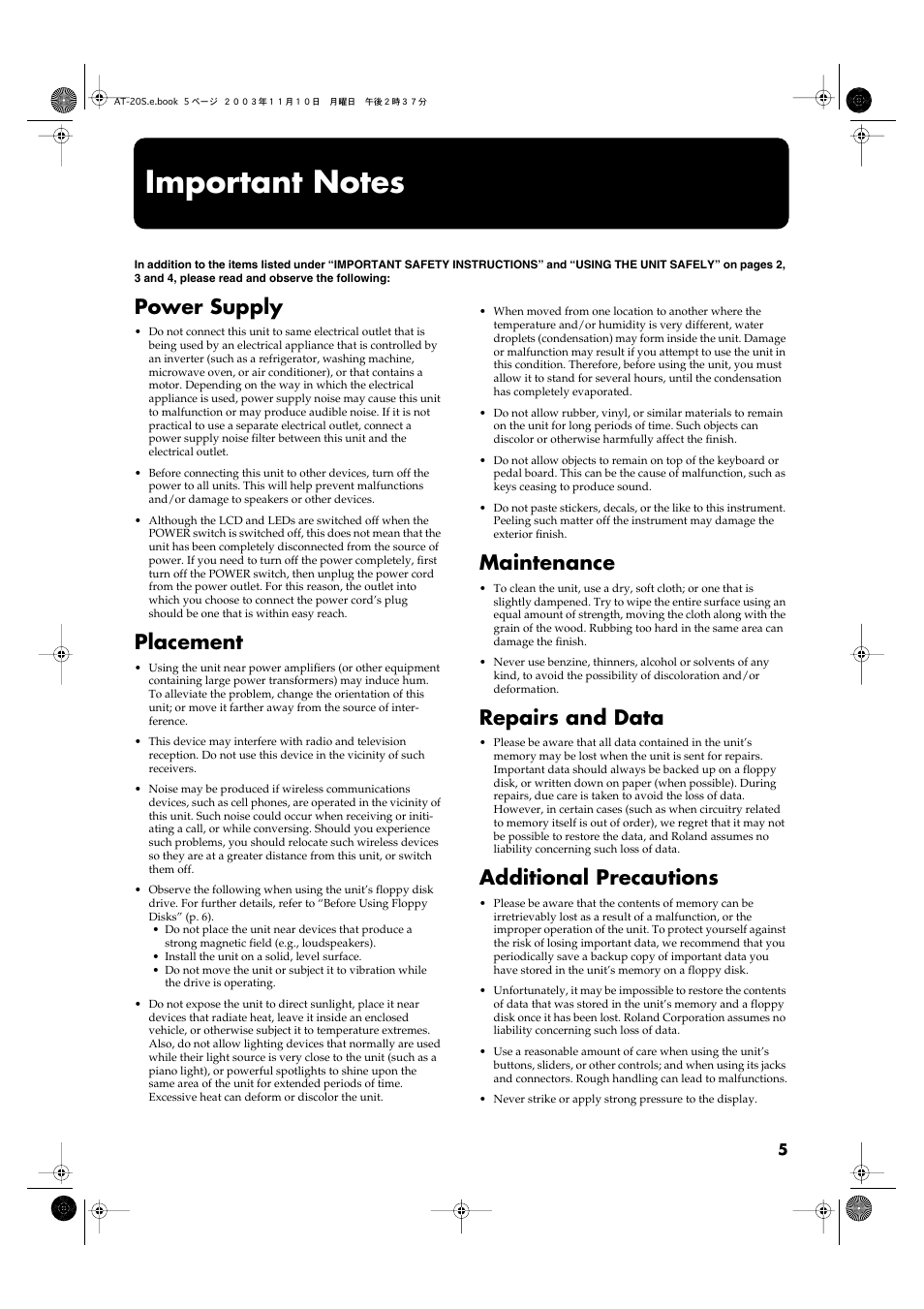 Important notes, Power supply, Placement | Maintenance, Repairs and data, Additional precautions | Roland AT20s User Manual | Page 5 / 124