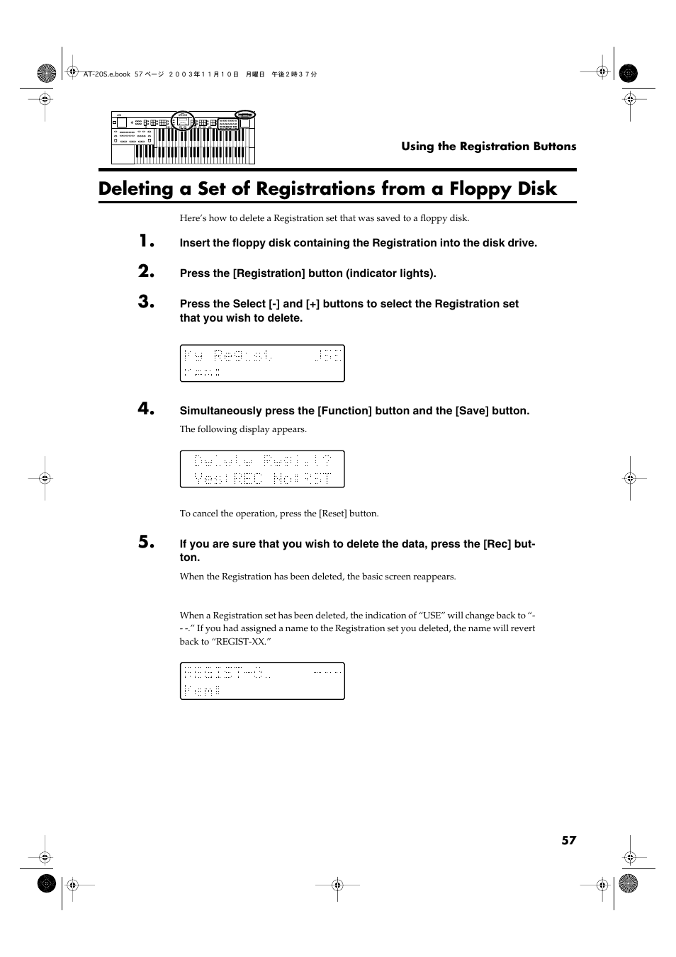 Deleting a set of registrations from a floppy disk | Roland AT20s User Manual | Page 57 / 124