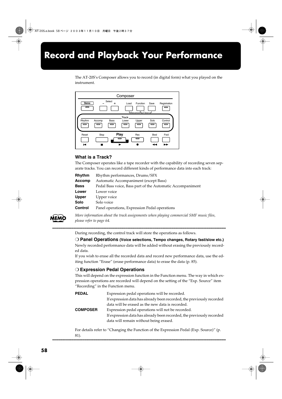 Record and playback your performance, P. 58, p. 64) | Roland AT20s User Manual | Page 58 / 124