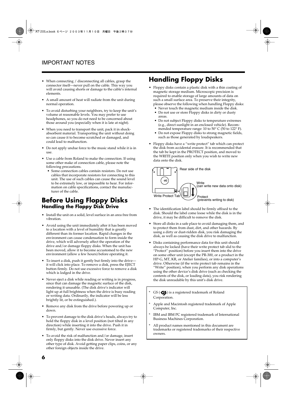 Before using floppy disks, Handling floppy disks, Handling the floppy disk drive | Roland AT20s User Manual | Page 6 / 124