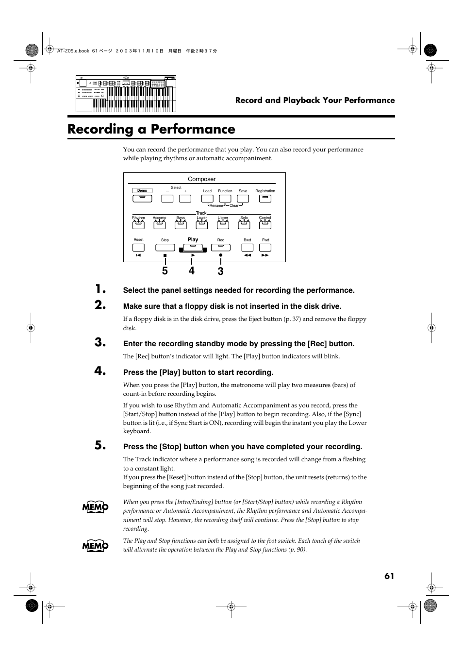 Recording a performance | Roland AT20s User Manual | Page 61 / 124