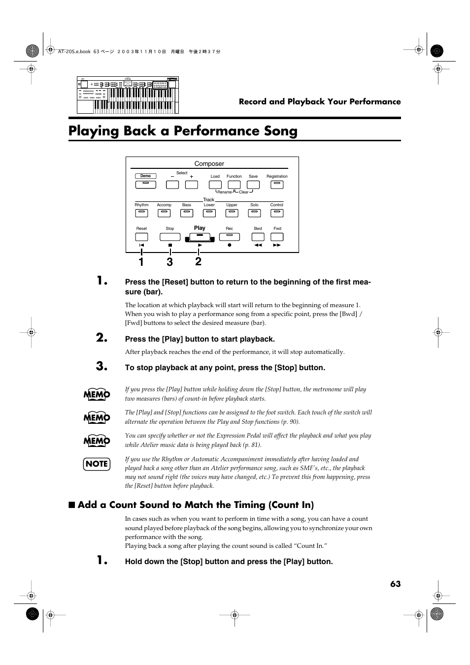 Playing back a performance song, Add a count sound to match the timing (count in), P. 63, p. 59) | Roland AT20s User Manual | Page 63 / 124