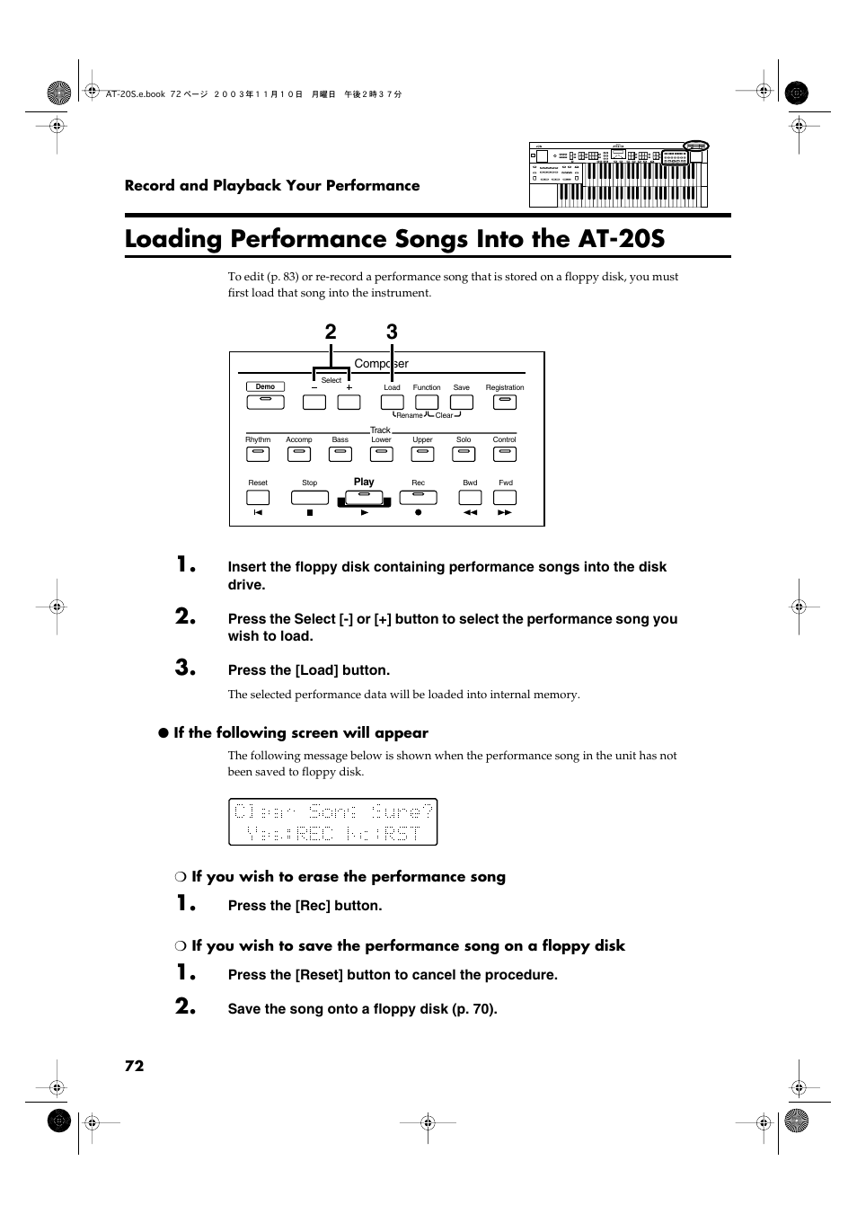 Loading performance songs into the at-20s | Roland AT20s User Manual | Page 72 / 124