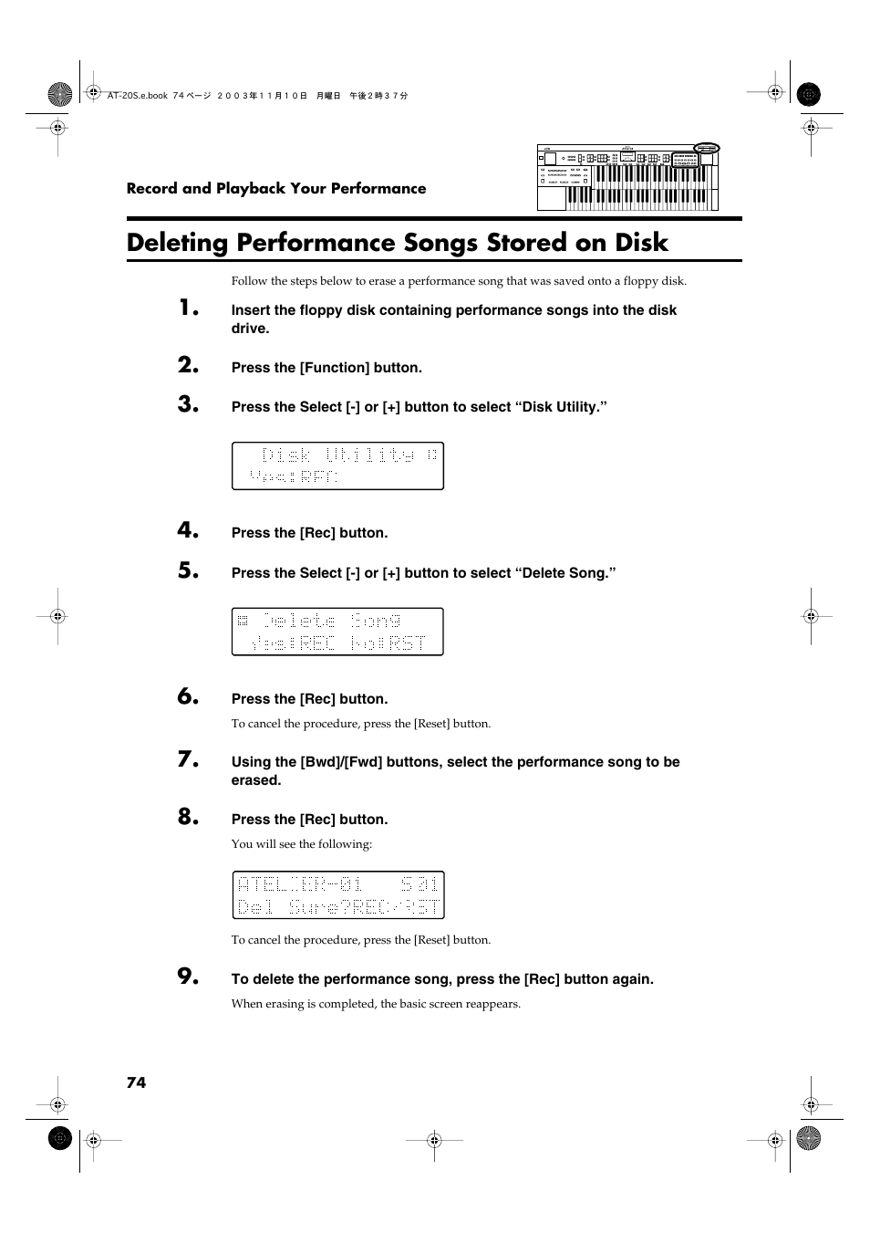 Deleting performance songs stored on disk | Roland AT20s User Manual | Page 74 / 124