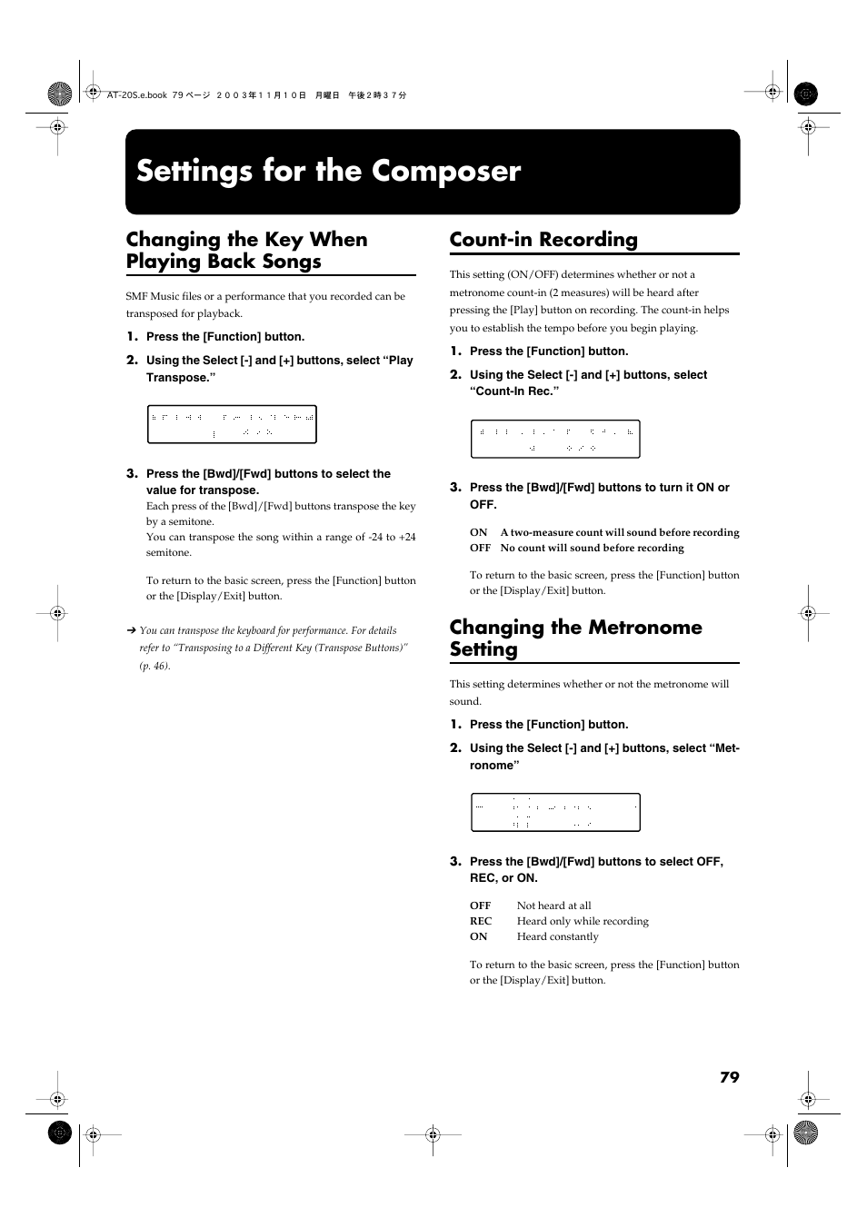 Settings for the composer, Changing the key when playing back songs, Count-in recording | Changing the metronome setting, P. 79-p. 87) | Roland AT20s User Manual | Page 79 / 124