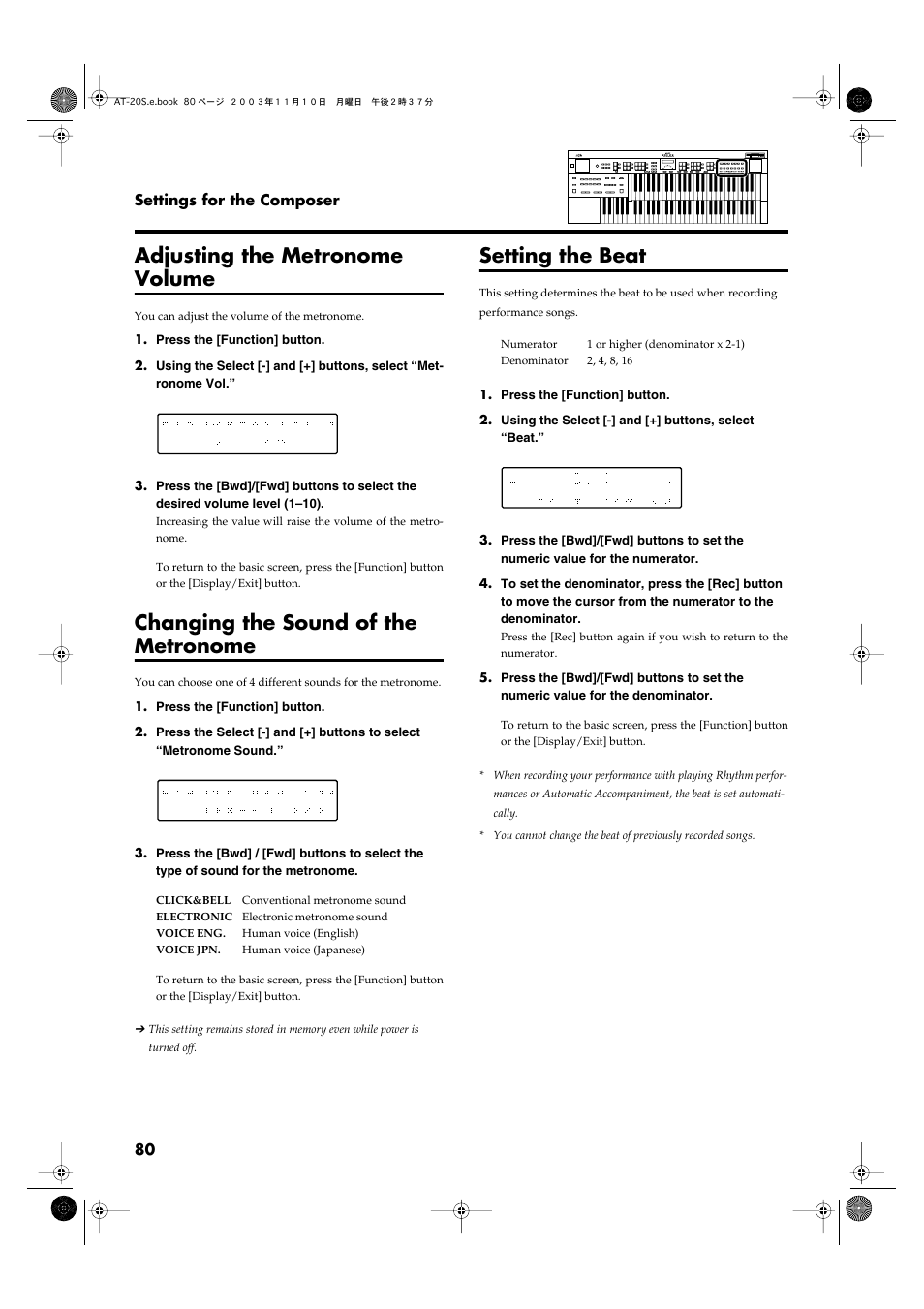 Adjusting the metronome volume, Changing the sound of the metronome, Setting the beat | Roland AT20s User Manual | Page 80 / 124