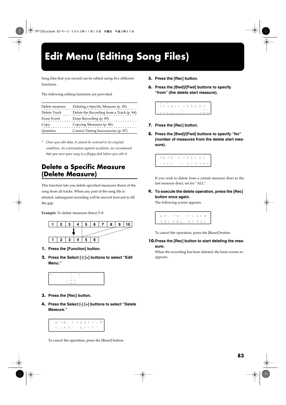 Edit menu (editing song files), Delete a specific measure (delete measure) | Roland AT20s User Manual | Page 83 / 124