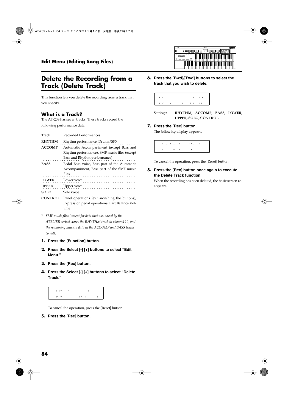 Delete the recording from a track (delete track), Delete the recording from a track (p. 84) | Roland AT20s User Manual | Page 84 / 124