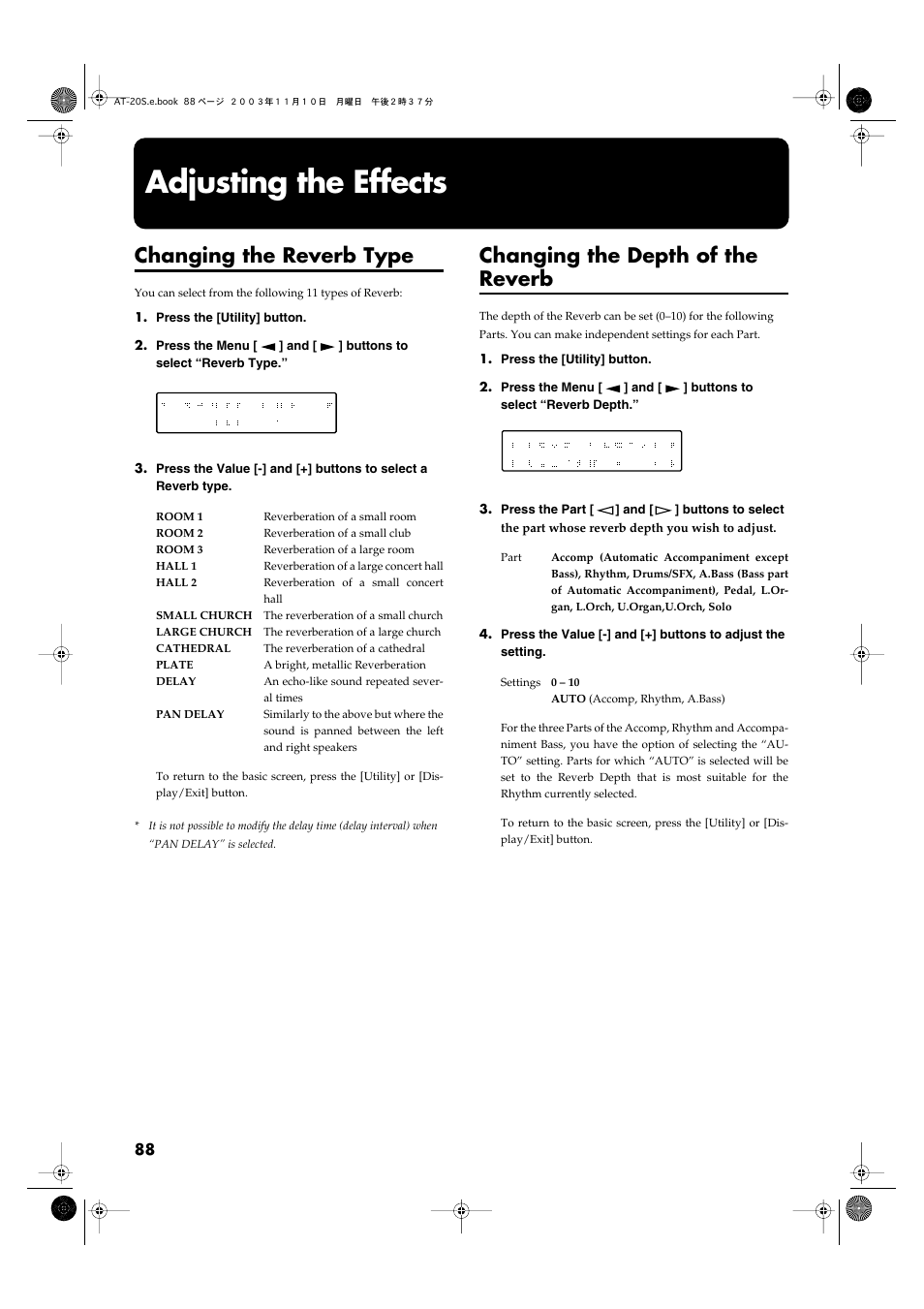 Adjusting the effects, Changing the reverb type, Changing the depth of the reverb | Roland AT20s User Manual | Page 88 / 124