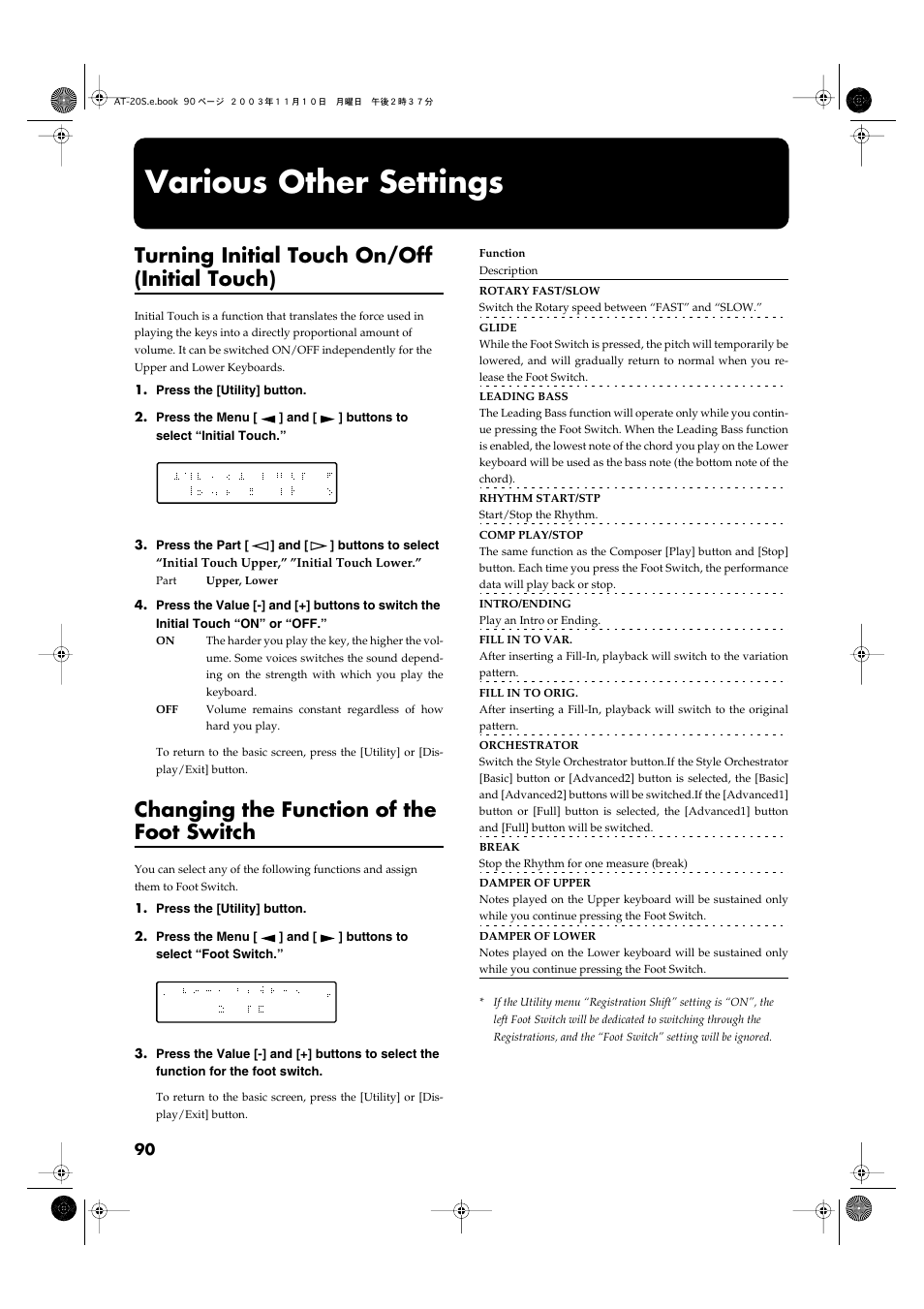 Various other settings, Turning initial touch on/off (initial touch), Changing the function of the foot switch | P. 90-p. 95) | Roland AT20s User Manual | Page 90 / 124