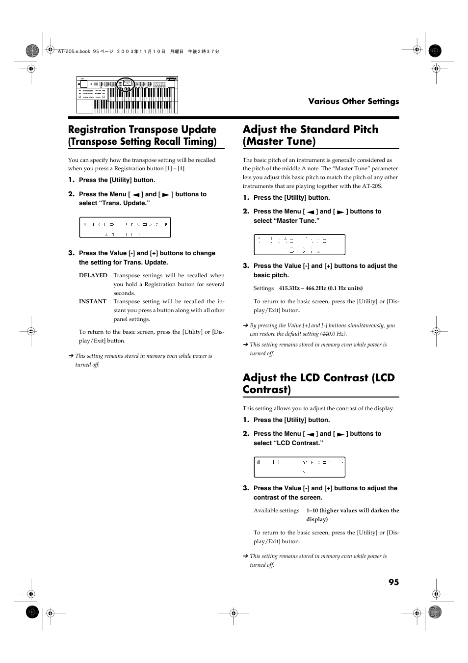 Adjust the standard pitch (master tune), Adjust the lcd contrast (lcd contrast), Registration transpose update | Transpose setting recall timing) | Roland AT20s User Manual | Page 95 / 124