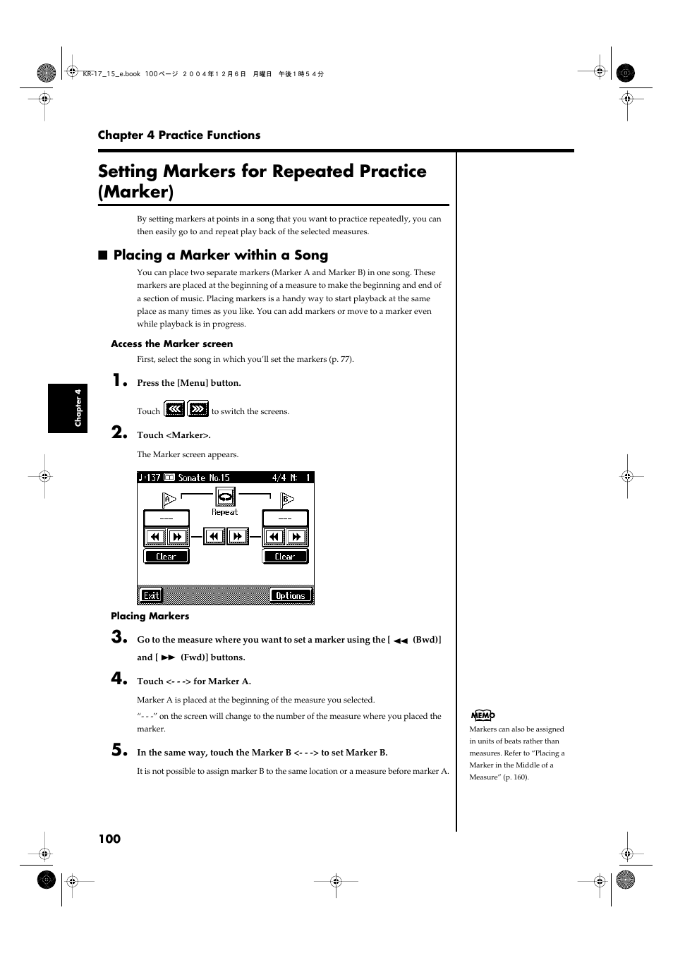 Setting markers for repeated practice (marker), Placing a marker within a song | Roland KR-17 User Manual | Page 100 / 212