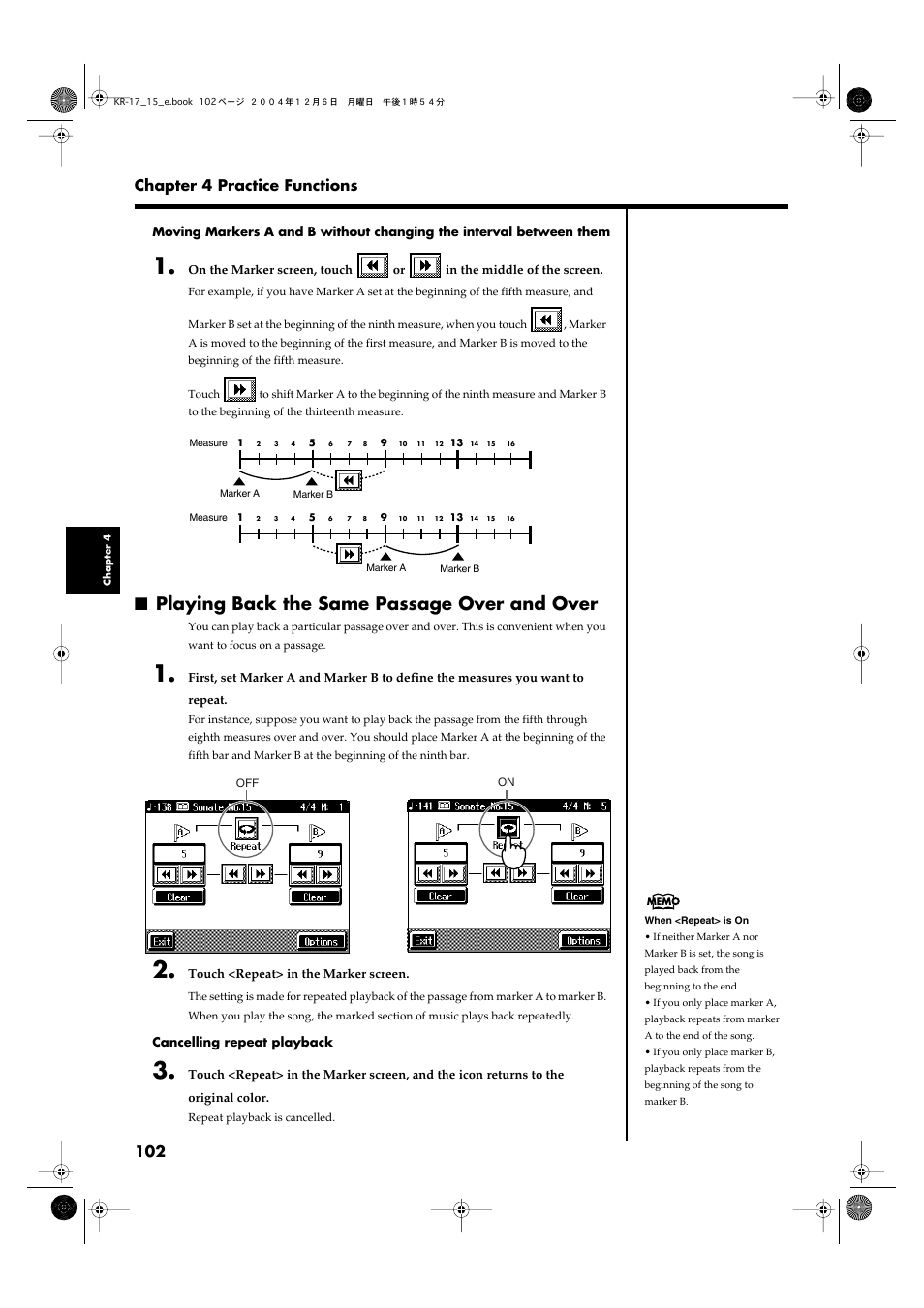 Playing back the same passage over and over, A section to be repeated (p, 102), you can rewind and fast | 102 chapter 4 practice functions | Roland KR-17 User Manual | Page 102 / 212