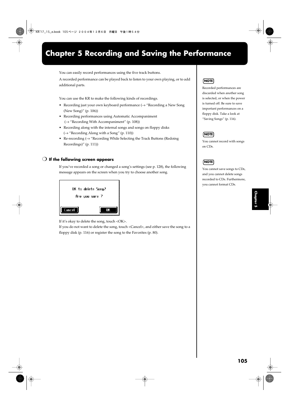 Chapter 5 recording and saving the performance | Roland KR-17 User Manual | Page 105 / 212