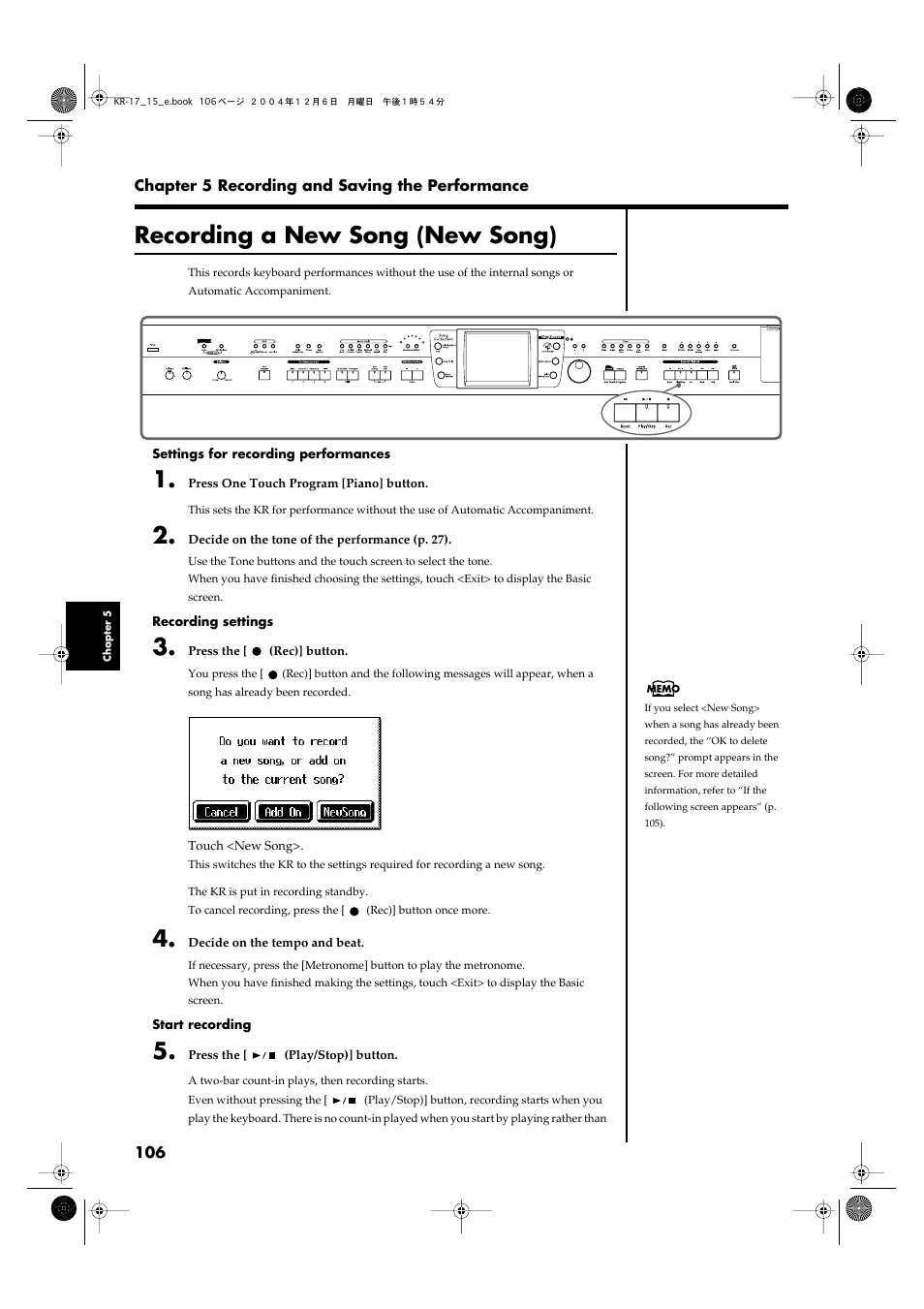 Recording a new song (new song), Standby (p. 106, p. 127), Recording a new song | New song)” (p. 106)), Is turned off. be sure to save | Roland KR-17 User Manual | Page 106 / 212