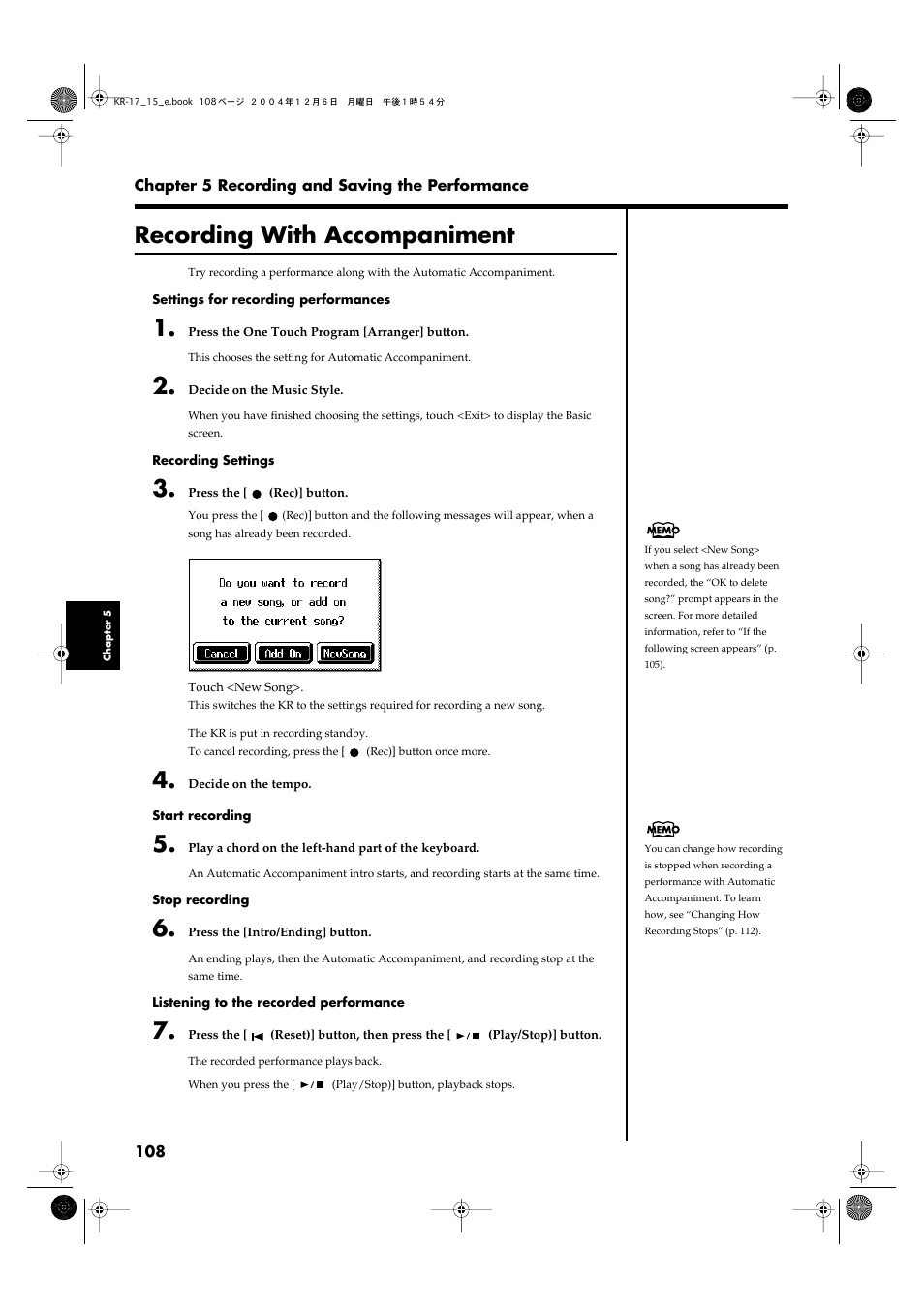 Recording with accompaniment, Recording with accompaniment” (p. 108)) | Roland KR-17 User Manual | Page 108 / 212