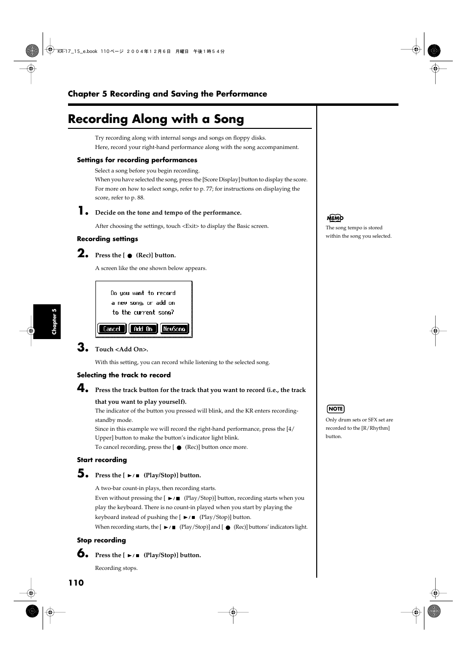 Recording along with a song, Recording along with a song” (p. 110)) | Roland KR-17 User Manual | Page 110 / 212