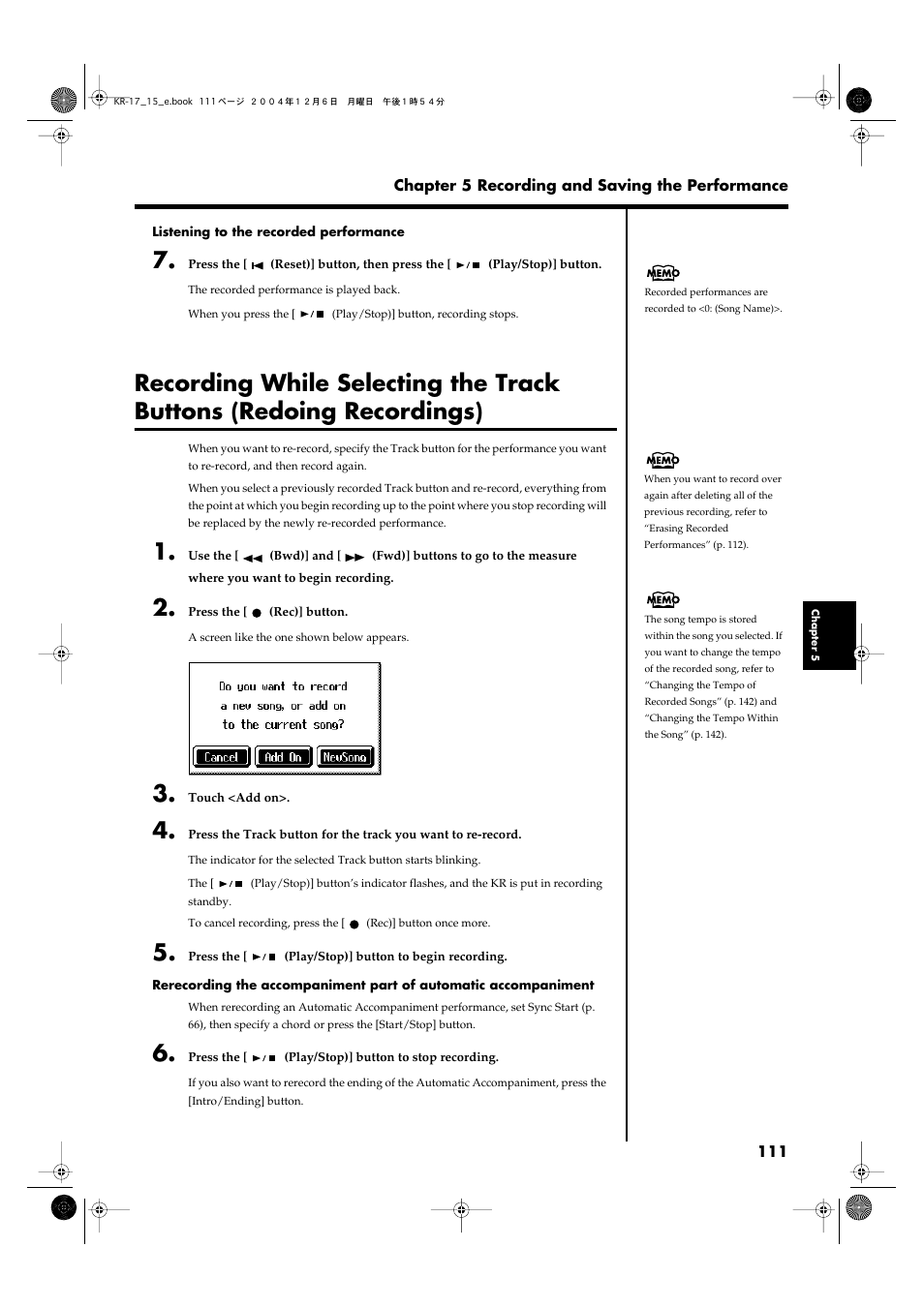 Buttons (redoing recordings)” (p. 111), Mute just one of those, Recordings)” (p. 111)) | Roland KR-17 User Manual | Page 111 / 212