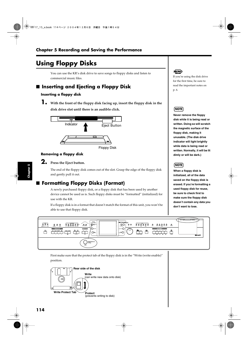 Using floppy disks, Inserting and ejecting a floppy disk, Formatting floppy disks (format) | Ejects a floppy disk from the disk drive (p. 114) | Roland KR-17 User Manual | Page 114 / 212