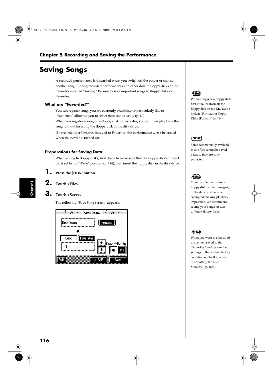 Saving songs, Song to a floppy disk (p. 116), Saving songs” (p. 116) | Roland KR-17 User Manual | Page 116 / 212