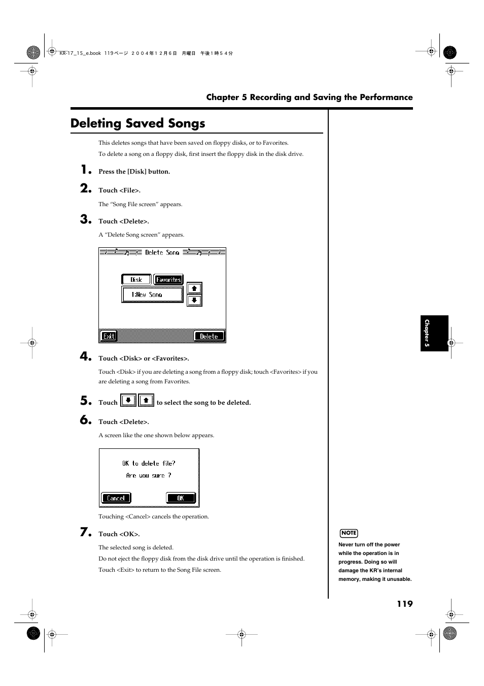 Deleting saved songs | Roland KR-17 User Manual | Page 119 / 212