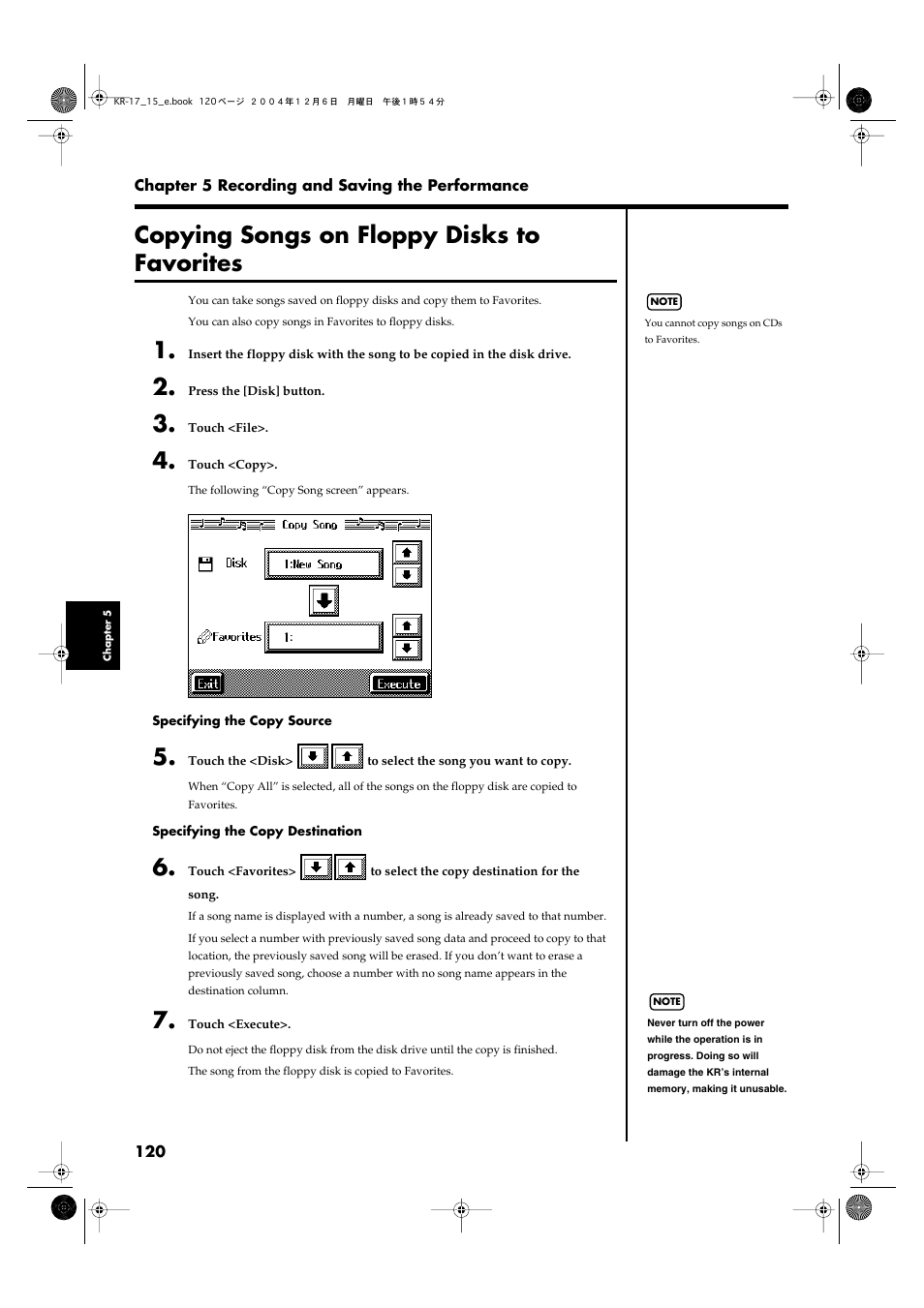 Copying songs on floppy disks to favorites, For details, refer to “copying, Songs on floppy disks to | Favorites” (p. 120) | Roland KR-17 User Manual | Page 120 / 212