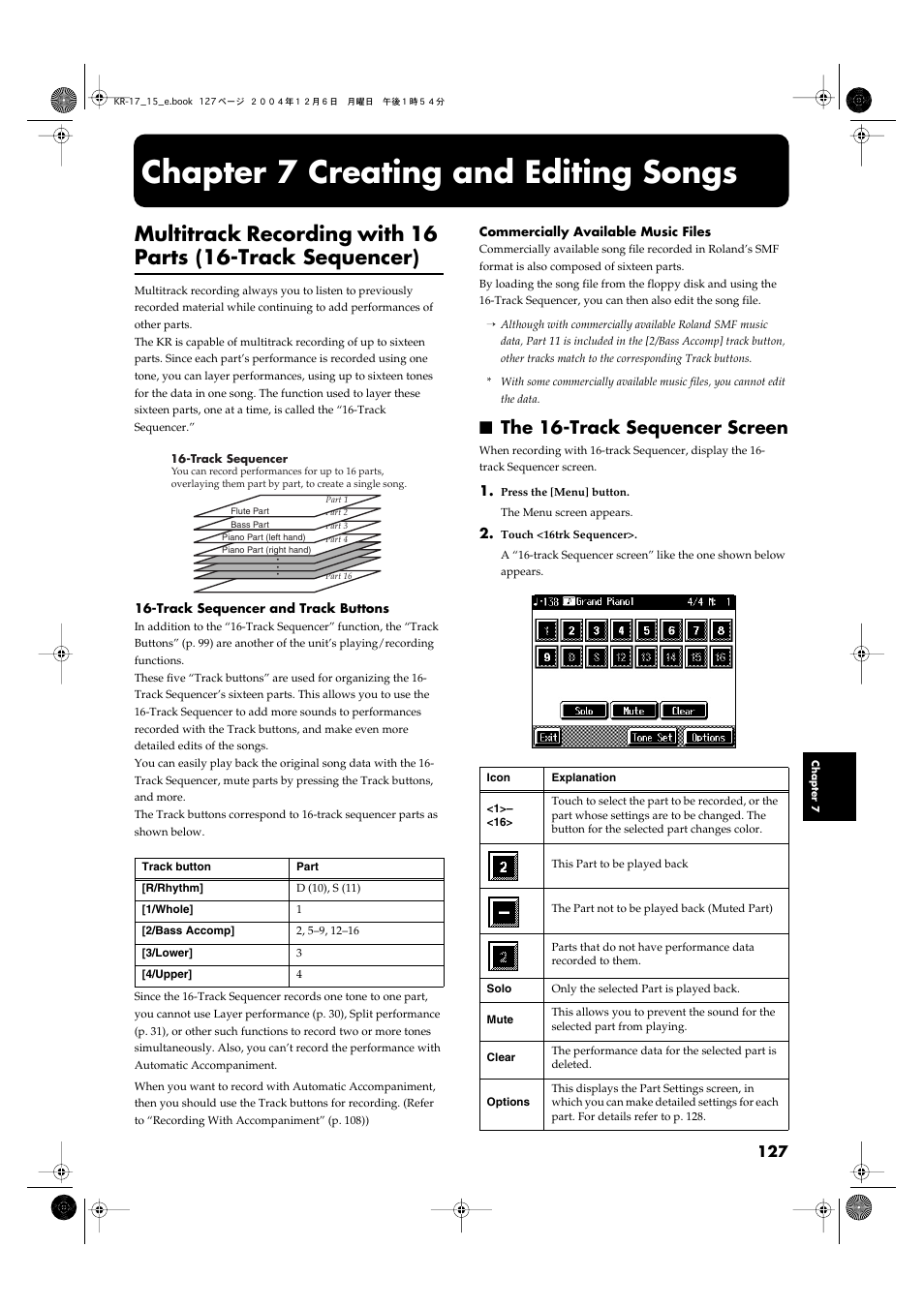 Chapter 7 creating and editing songs, The 16-track sequencer screen, Song (p. 127, p. 144) | Roland KR-17 User Manual | Page 127 / 212