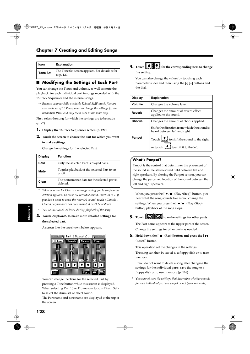 Modifying the settings of each part, Modifying the settings of each part” (p. 128), Part. for details refer to p. 128 | 128 chapter 7 creating and editing songs | Roland KR-17 User Manual | Page 128 / 212