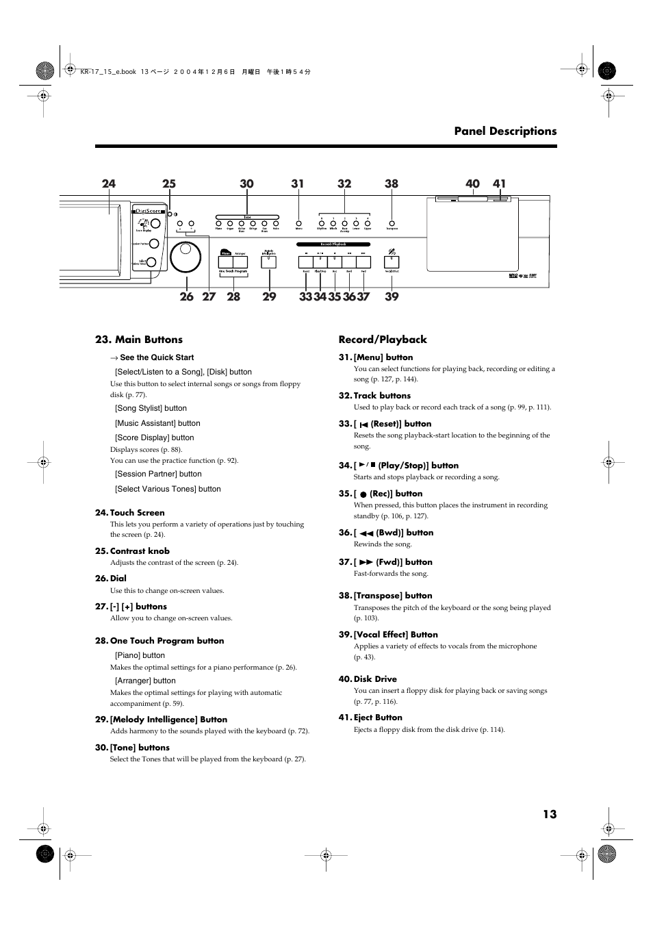 Main buttons, Record/playback, 13 panel descriptions | Roland KR-17 User Manual | Page 13 / 212