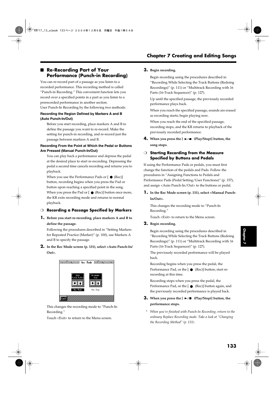 Punch-in recording (p. 133), Refer to p. 133 | Roland KR-17 User Manual | Page 133 / 212