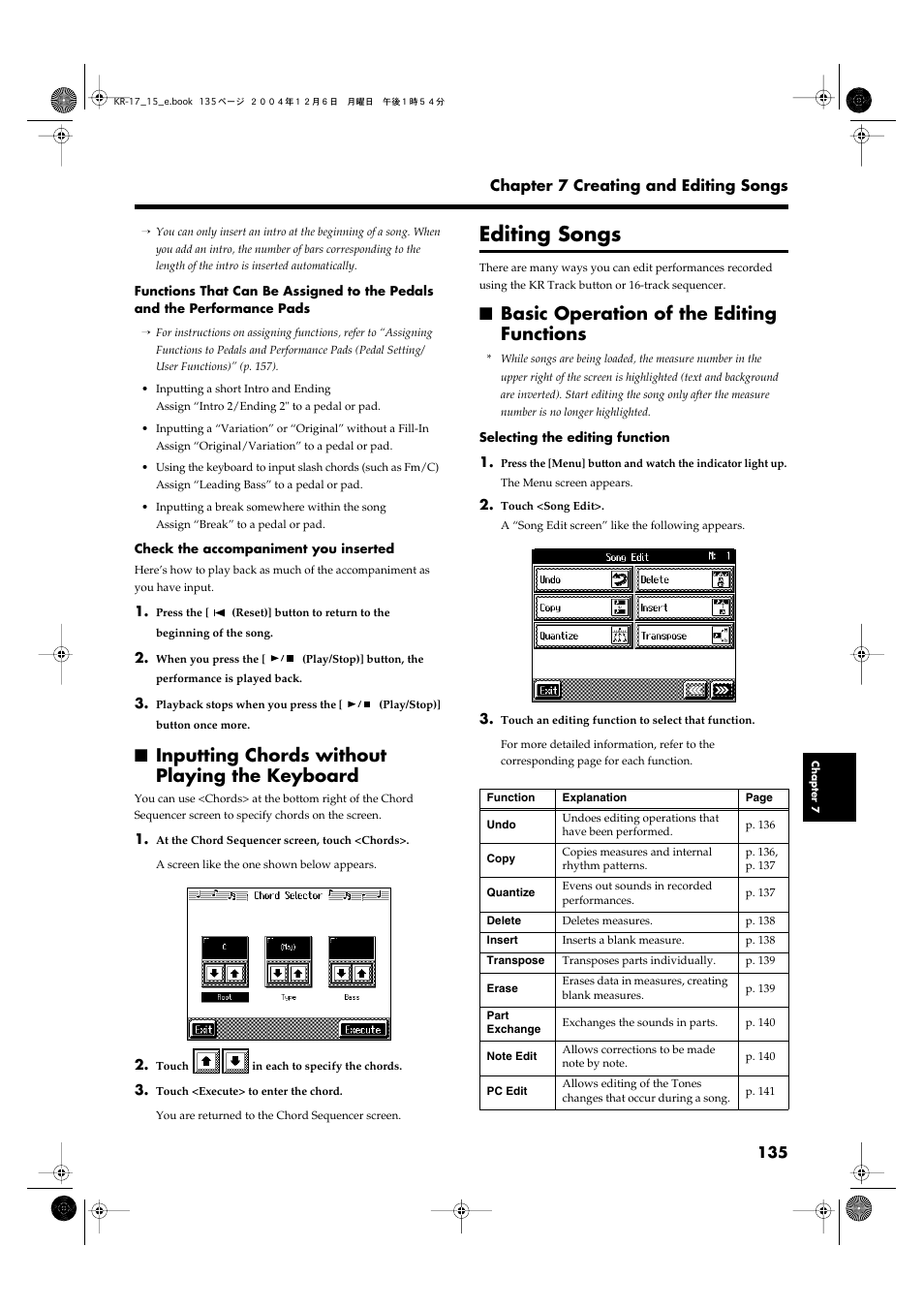 Inputting chords without playing the keyboard, Editing songs, Basic operation of the editing functions | Roland KR-17 User Manual | Page 135 / 212