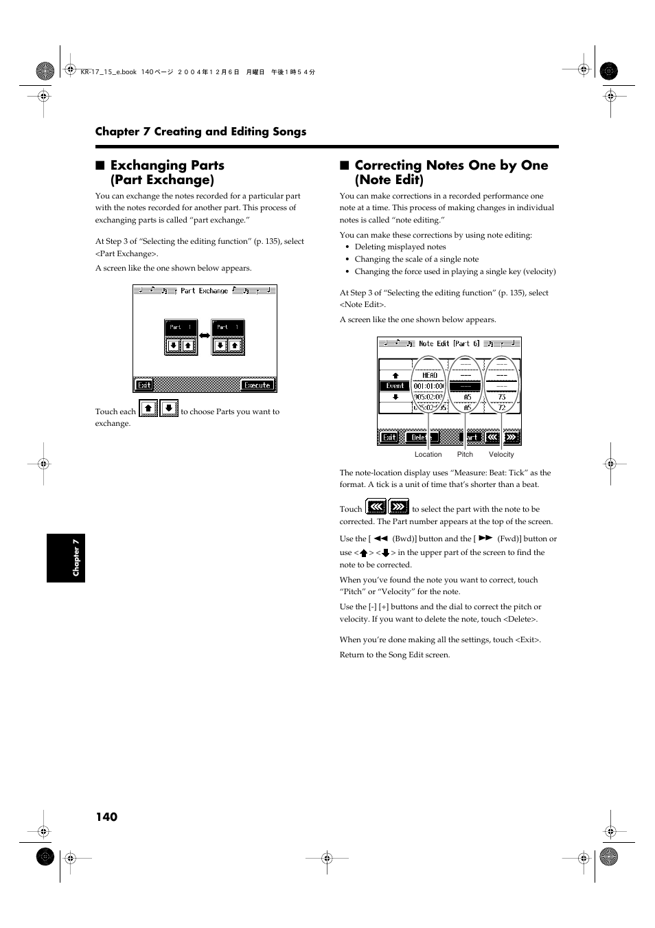 Exchanging parts (part exchange), Correcting notes one by one (note edit), P. 140 | Roland KR-17 User Manual | Page 140 / 212