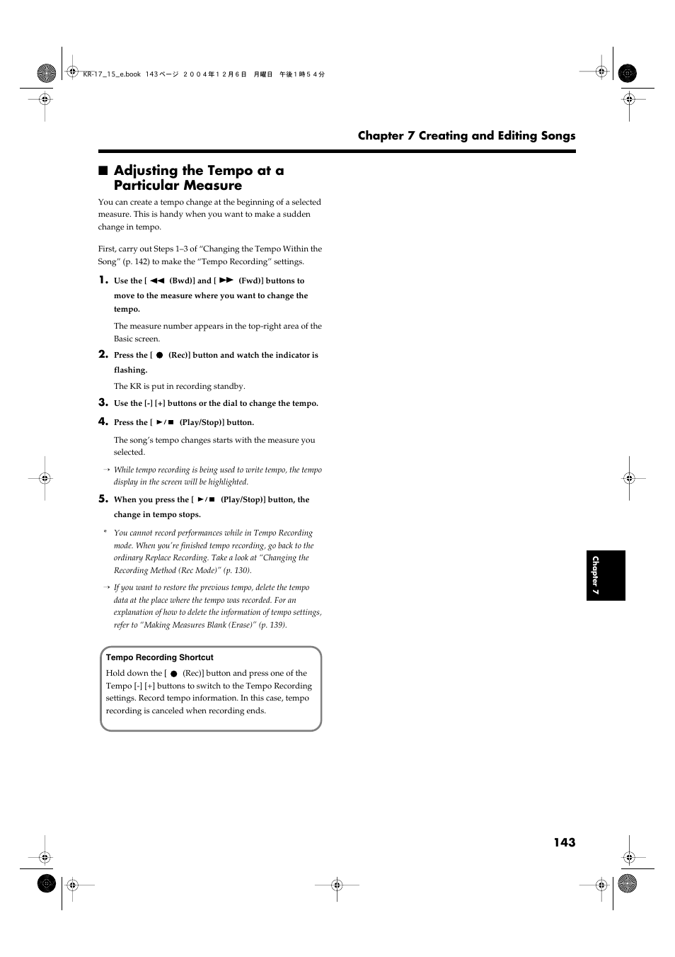 Adjusting the tempo at a particular measure | Roland KR-17 User Manual | Page 143 / 212