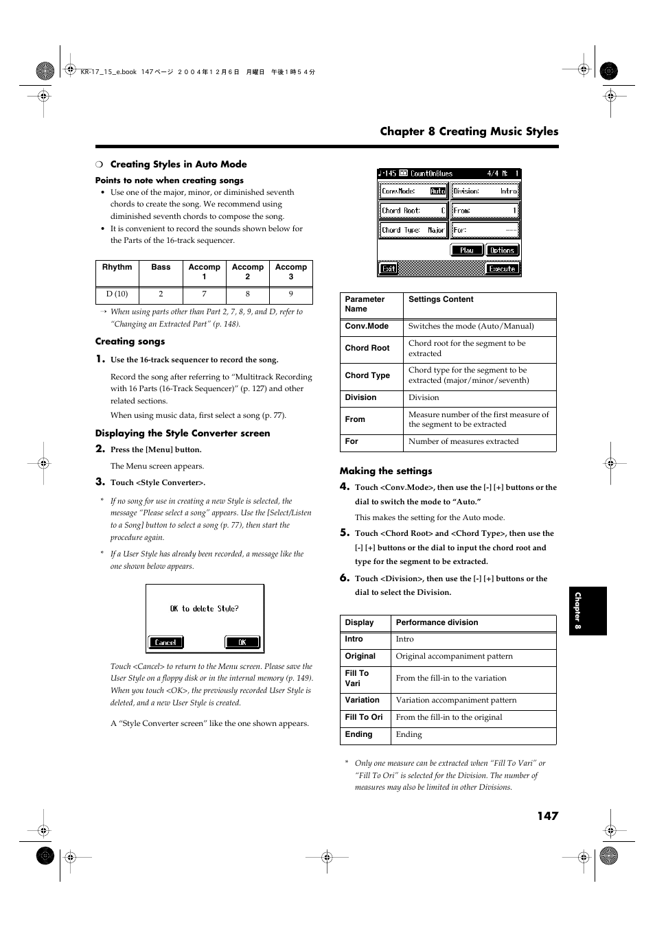 147 chapter 8 creating music styles | Roland KR-17 User Manual | Page 147 / 212