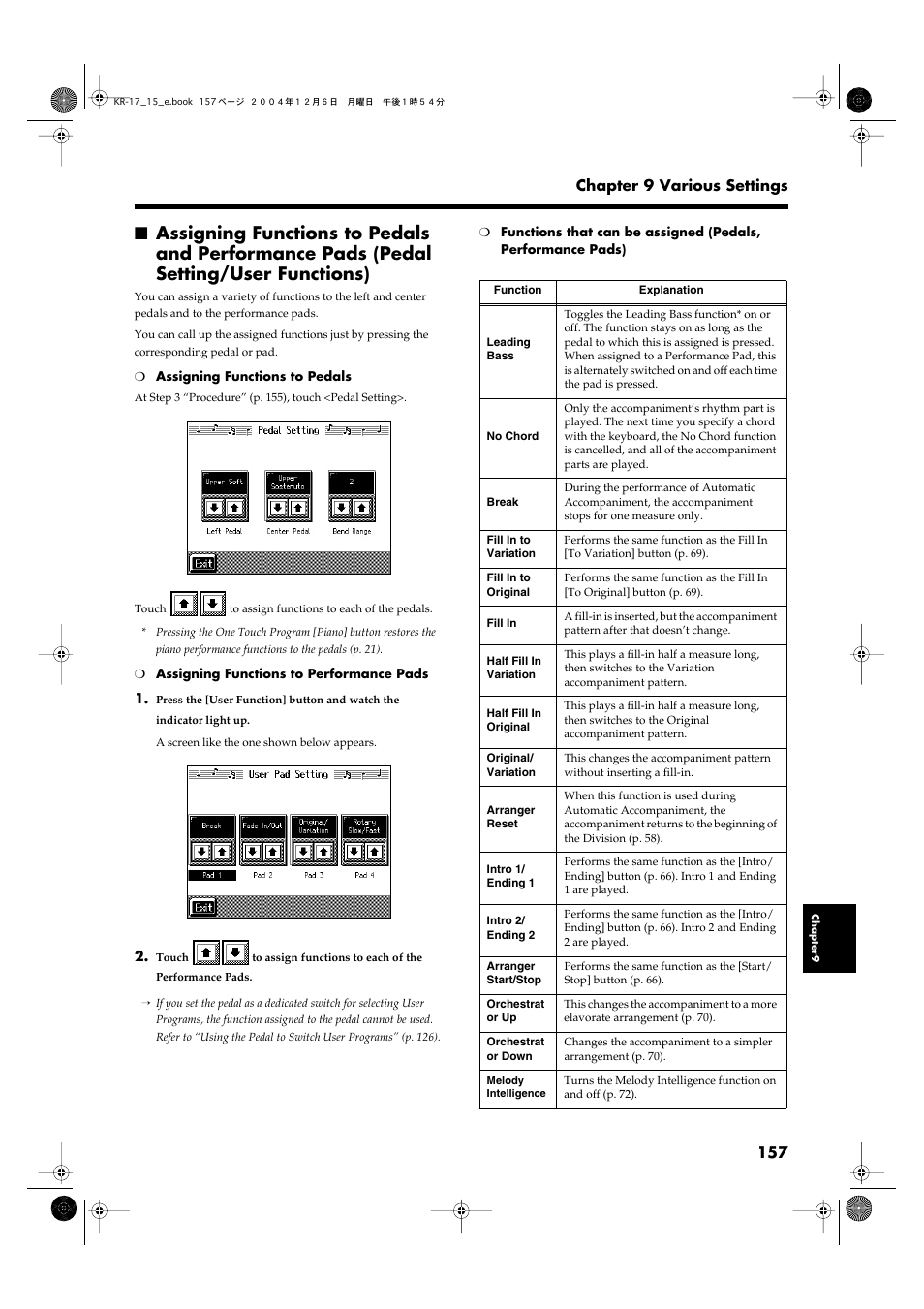 Pads (p. 157), Assigning functions to, Pedals and performance pads | Pedal setting/user, Functions)” (p. 157), See “assigning functions to, Performance pad (p. 157), 157 chapter 9 various settings | Roland KR-17 User Manual | Page 157 / 212