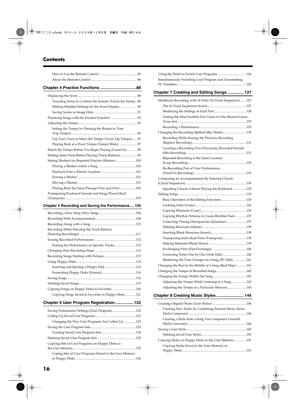 16 contents | Roland KR-17 User Manual | Page 16 / 212