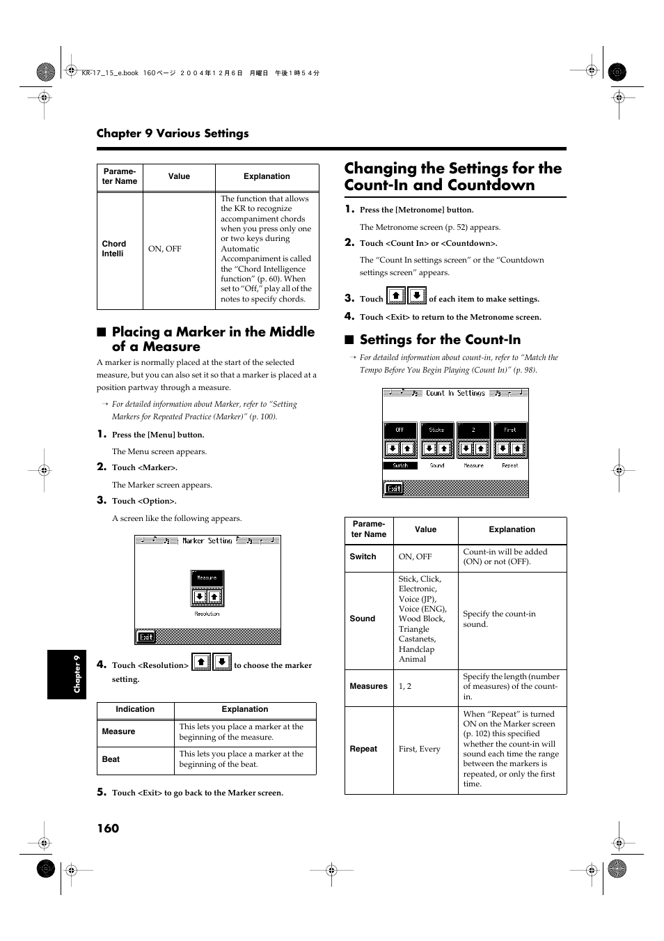 Placing a marker in the middle of a measure, Settings for the count-in, You can change the count sound settings (p. 160) | Measures. refer to “placing a, Marker in the middle of a, Measure” (p. 160) | Roland KR-17 User Manual | Page 160 / 212