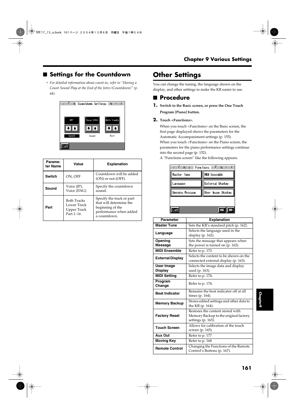 Settings for the countdown, Other settings, Procedure | Other settings” (p. 161) | Roland KR-17 User Manual | Page 161 / 212