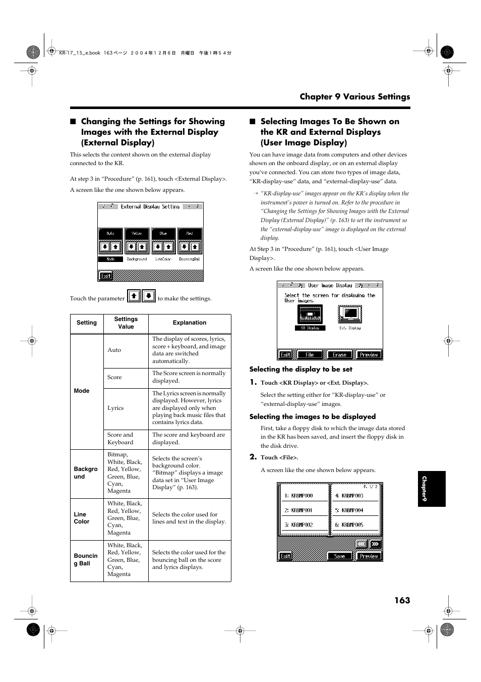 Selecting images to be, Shown on the kr and external, Displays (user image | Display)” (p. 163), Connected external display (p. 163), Used (p. 163), 163 chapter 9 various settings | Roland KR-17 User Manual | Page 163 / 212