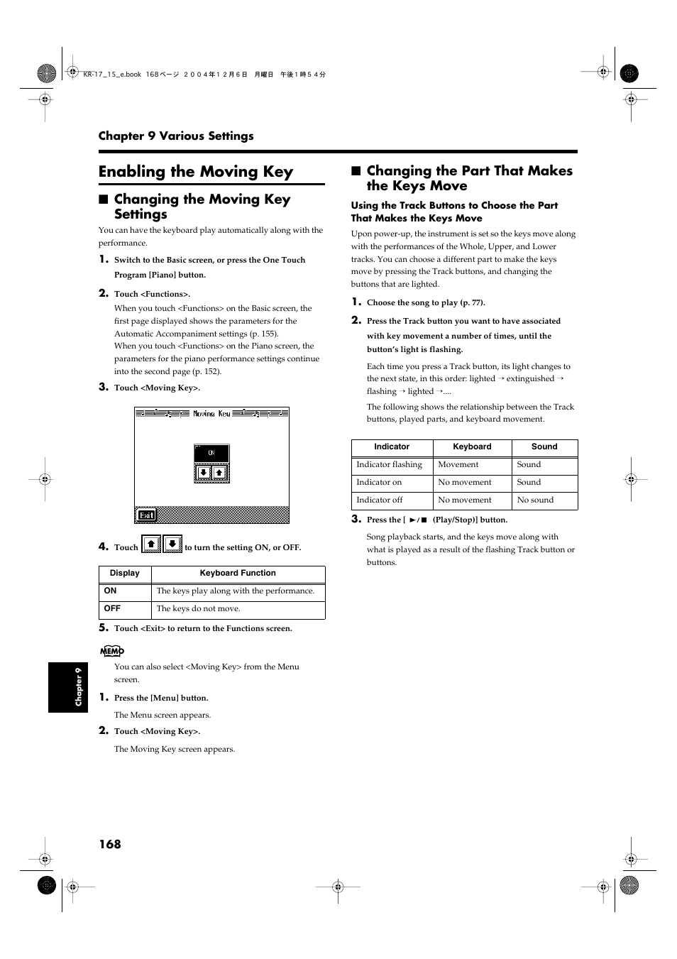 Enabling the moving key, Changing the moving key settings, Changing the part that makes the keys move | Refer to p. 168 | Roland KR-17 User Manual | Page 168 / 212