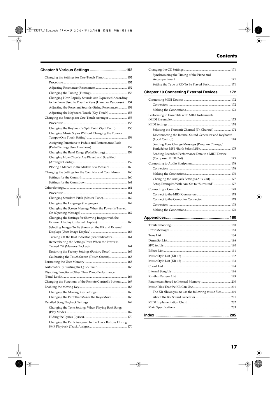 17 contents | Roland KR-17 User Manual | Page 17 / 212