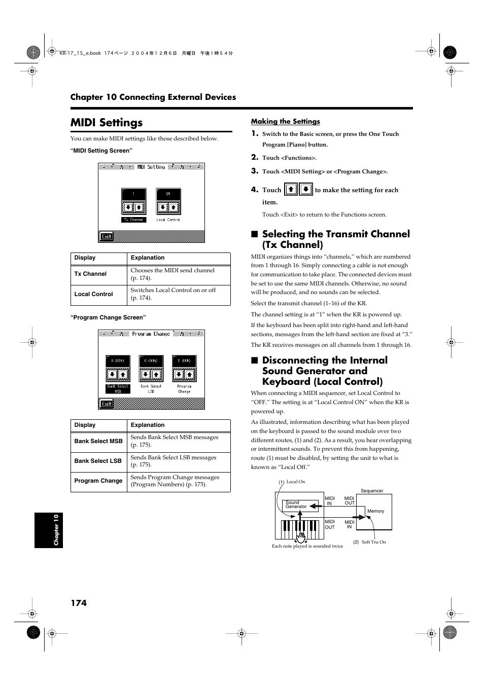 Midi settings, Selecting the transmit channel (tx channel), Refer to p. 174 | Roland KR-17 User Manual | Page 174 / 212