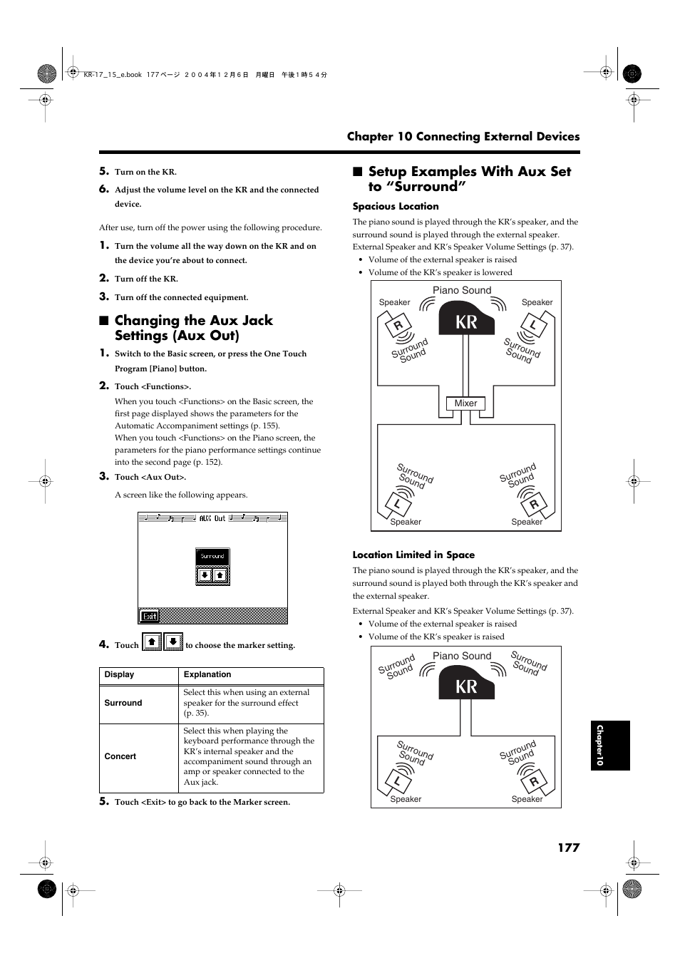 Changing the aux jack settings (aux out), Setup examples with aux set to “surround, Refer to p. 177 | Connecting external speakers (p. 177) | Roland KR-17 User Manual | Page 177 / 212