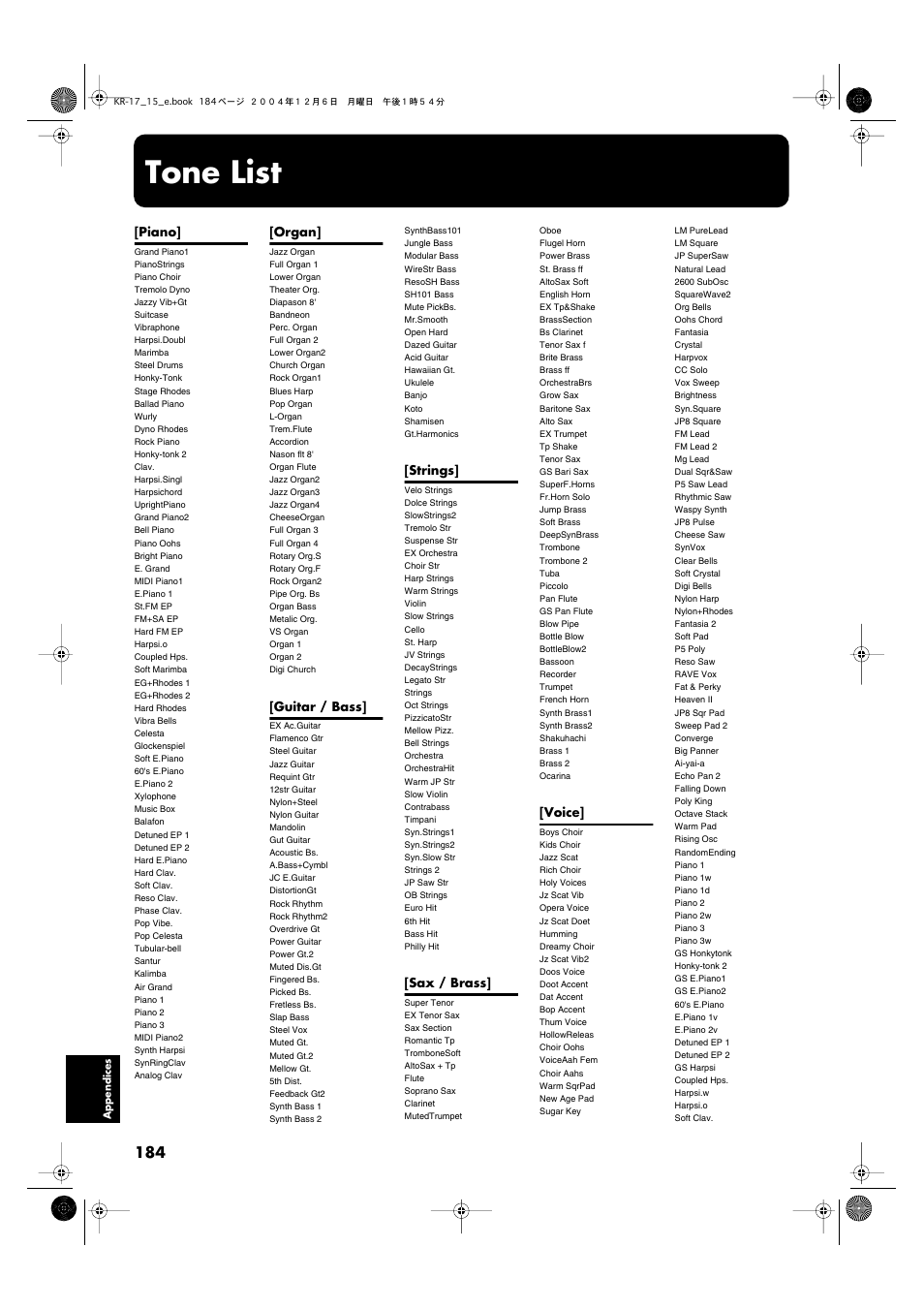 Tone list, Piano, Organ | Guitar / bass, Strings, Sax / brass, Voice | Roland KR-17 User Manual | Page 184 / 212