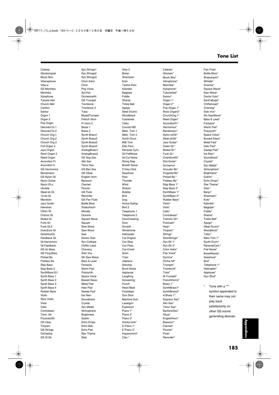 185 tone list | Roland KR-17 User Manual | Page 185 / 212