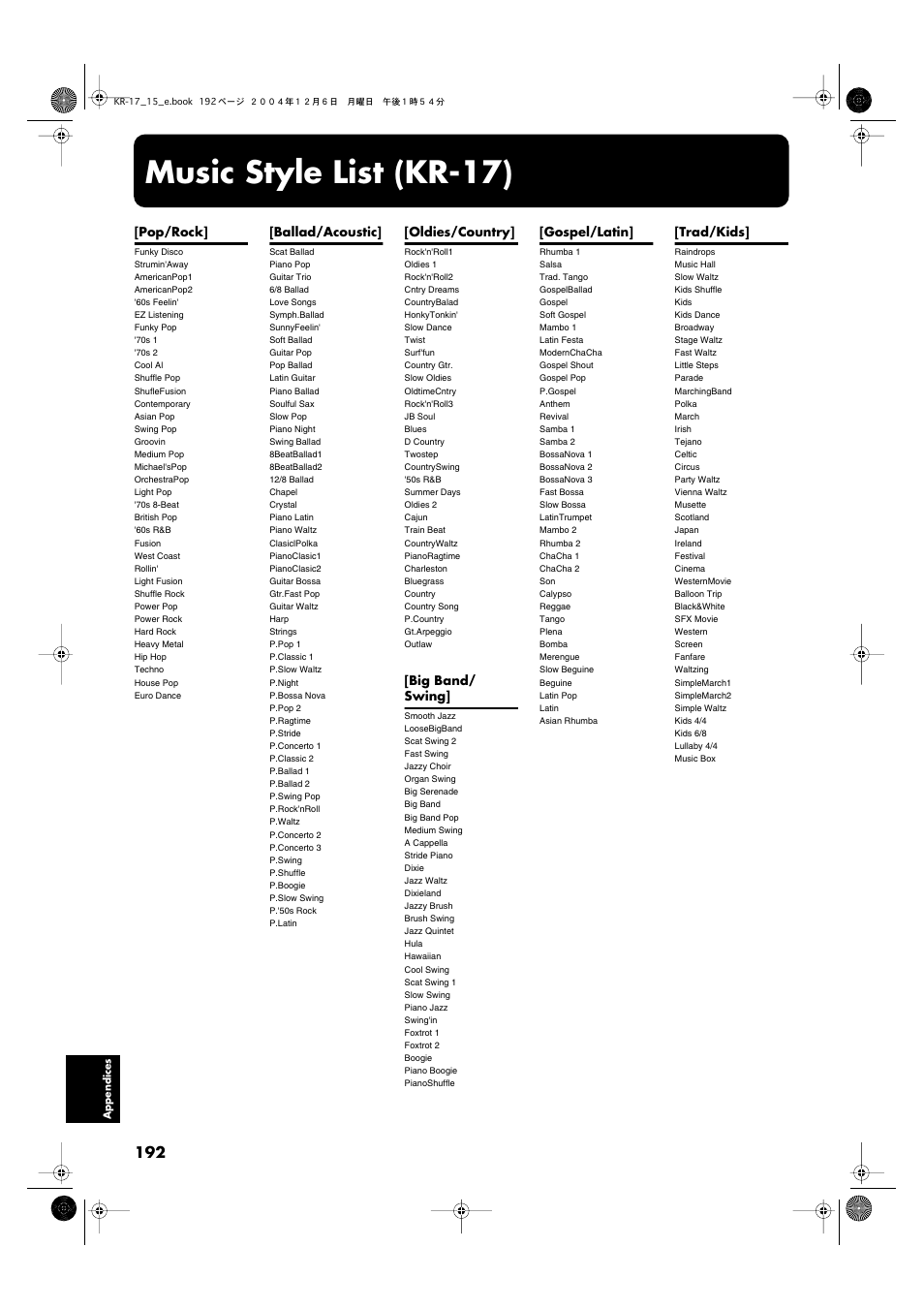 Music style list (kr-17), Pop/rock, Ballad/acoustic | Oldies/country, Big band/ swing, Gospel/latin, Trad/kids | Roland KR-17 User Manual | Page 192 / 212