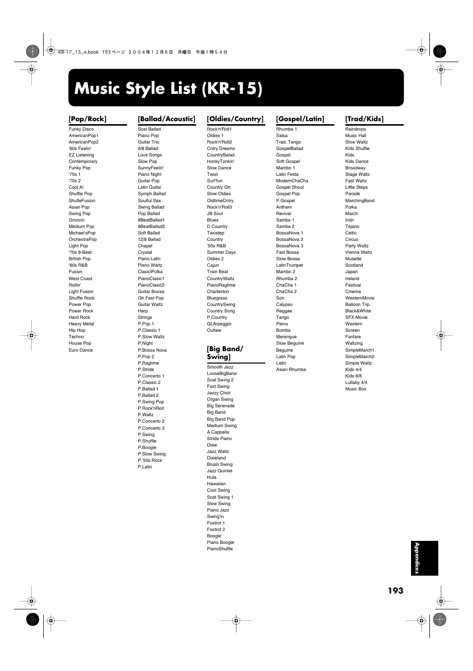 Music style list (kr-15), Pop/rock, Ballad/acoustic | Oldies/country, Big band/ swing, Gospel/latin, Trad/kids | Roland KR-17 User Manual | Page 193 / 212